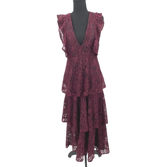 Lulus Dresses & Skirts - Lulus Molinetto Dress Womens S Burgundy Lace Tiered V-Neck Ruffle Wedding Guest